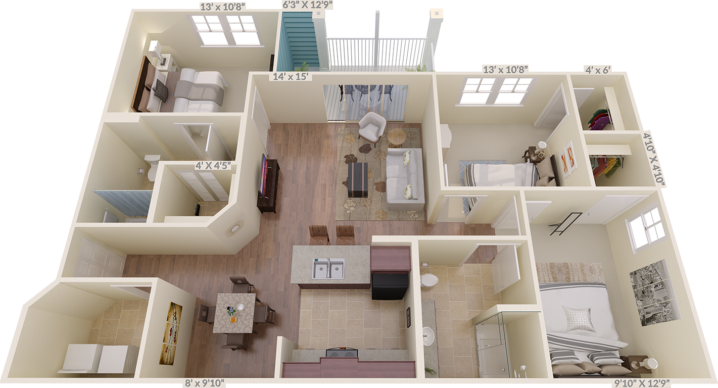 Floor plan for 3 beds, 2 baths, 1152 sqft